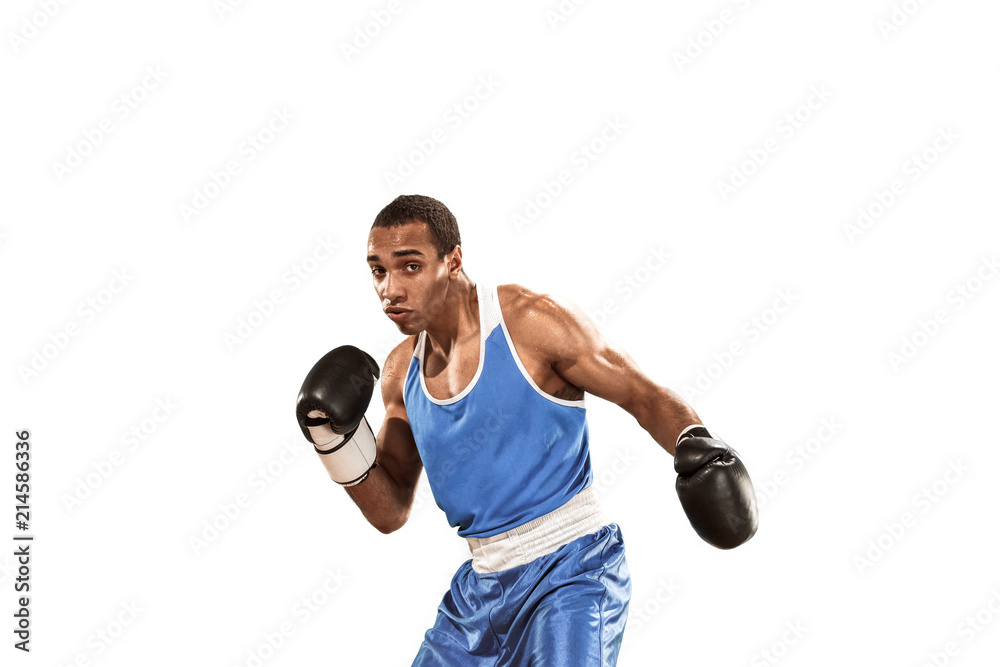 Sporty man during boxing exercise. Photo of boxer on white background Sporty man during boxing exercise. Photo of boxer on white background