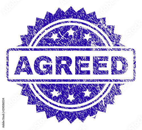 AGREED stamp imprint with grainy style. Blue vector rubber seal print of AGREED tag with scratched texture.