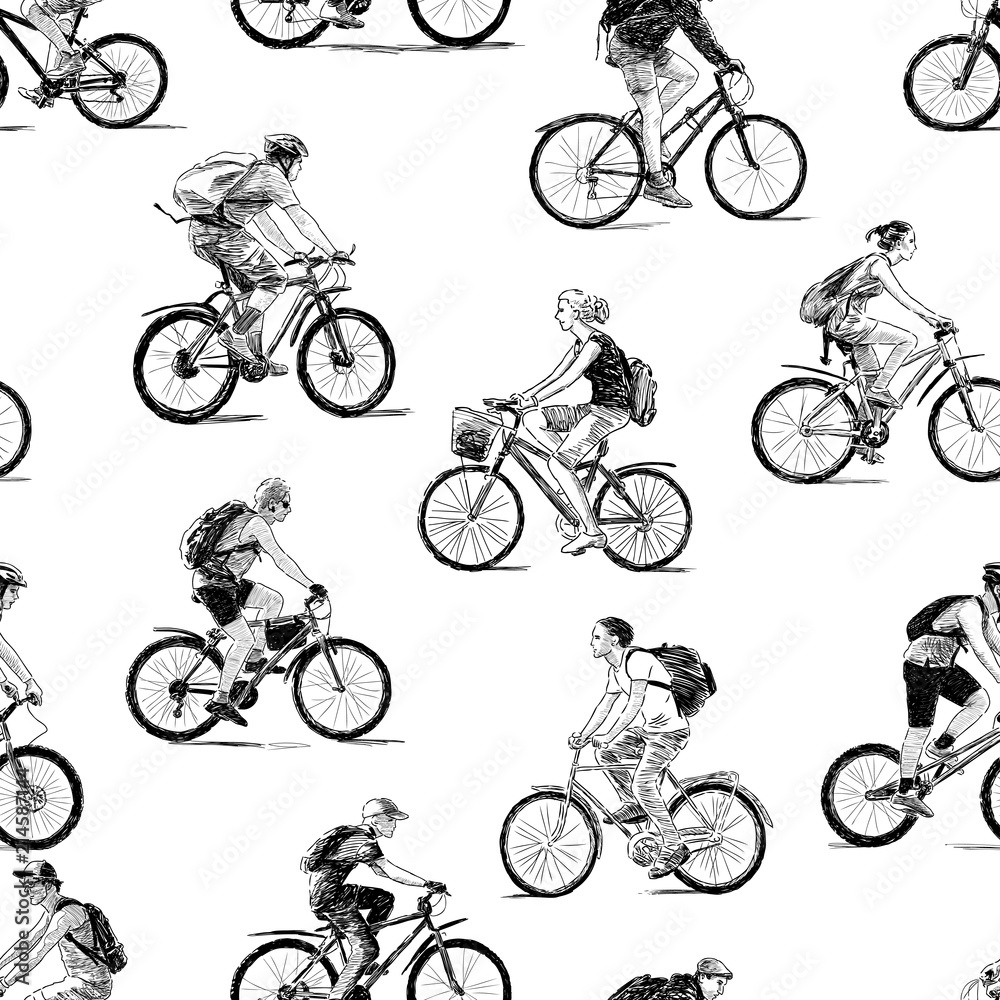 Fototapeta premium Seamless background of the sketches of young cyclists