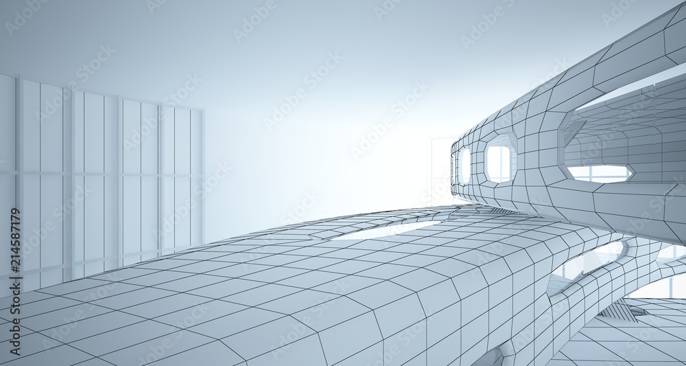 Fototapeta premium Abstract drawing white interior multilevel public space with window. 3D illustration and rendering.