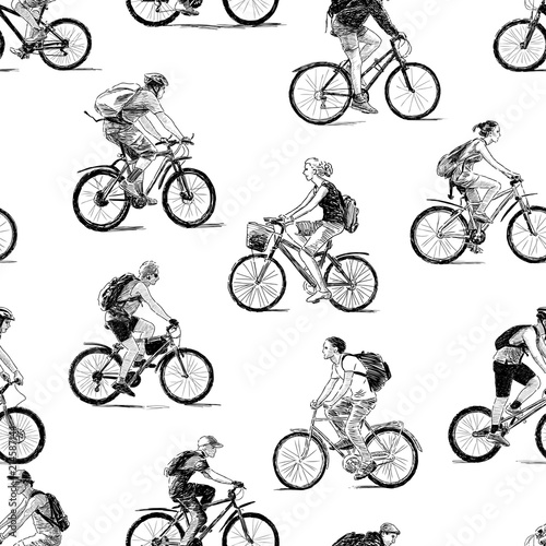 Fototapeta Naklejka Na Ścianę i Meble -  Seamless background of the sketches of young cyclists