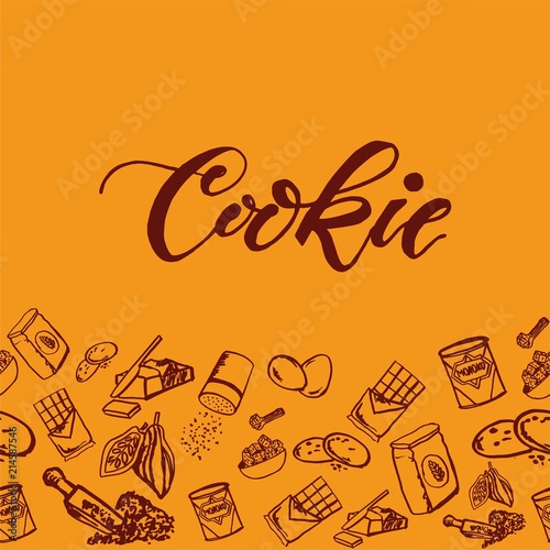 Chocolate cookie ingredients pattern on yellow background