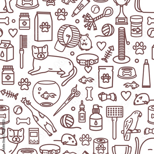 Seamless pattern with pet products and domestic animals drawn with contour lines on white background. Monochrome vector illustration in lineart style for fabric print, wrapping paper, wallpaper.