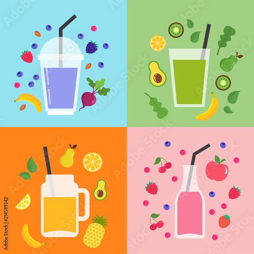 Collection of different colorful smoothies  fruit shakes in a bottles  glass  mason jars