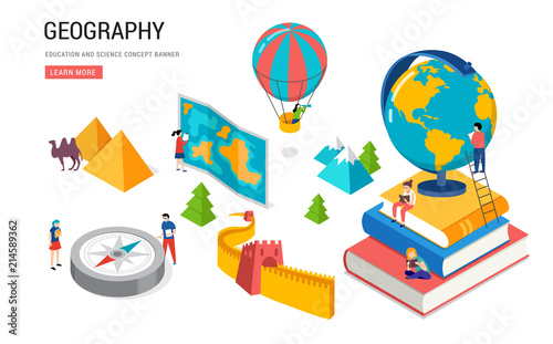 Fototapeta Geography class, school, college lesson. Isometric design