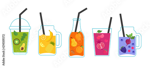 Collection of different colorful smoothies, fruit shakes in a bottles, glass, mason jars