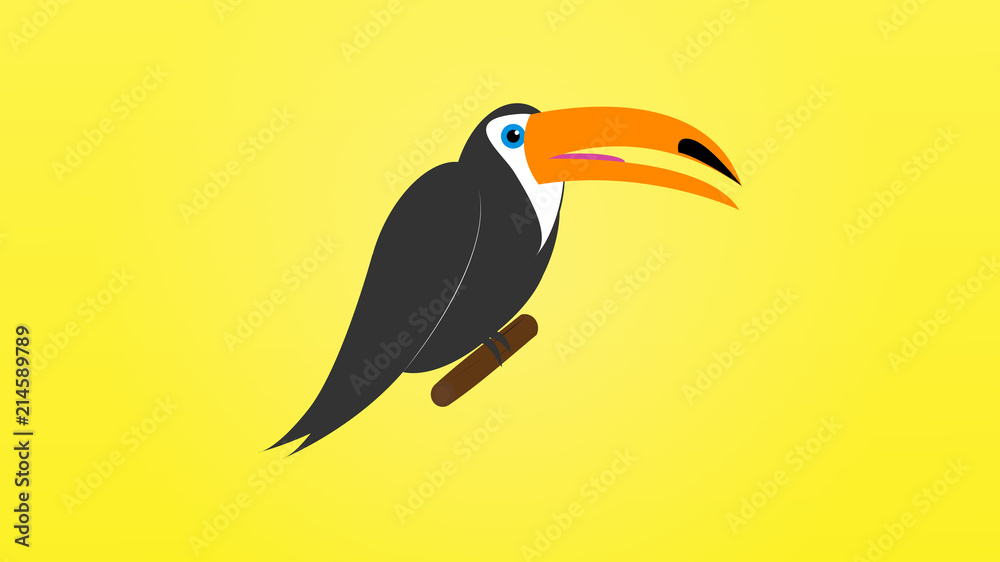 Fototapeta premium Toucan bird cartoon character. Cute toucan flat vector isolated on white. South America fauna. Guinea pig icon. Wild animal illustration for zoo ad, nature concept, children book illustrating