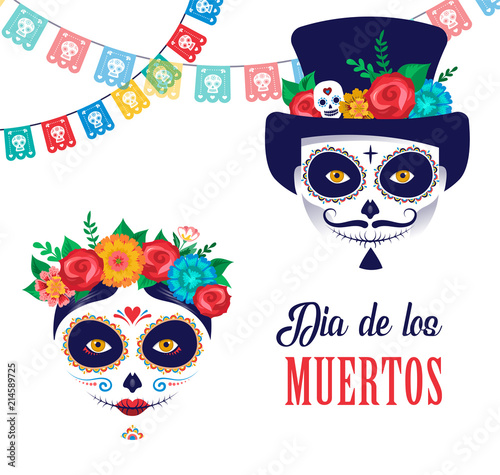 Dia de los muertos, Day of the dead, Mexican holiday, festival. Poster, banner and card with make up of sugar skull, woman and man