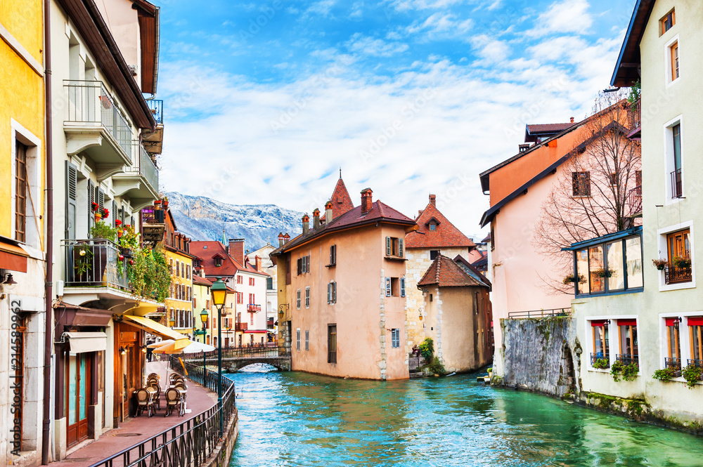 Old town with medieval buildings in Annecy, France.
