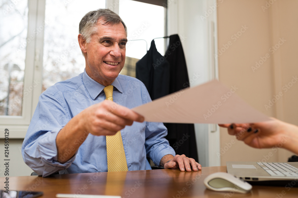 Boss taking a resume during a job interview