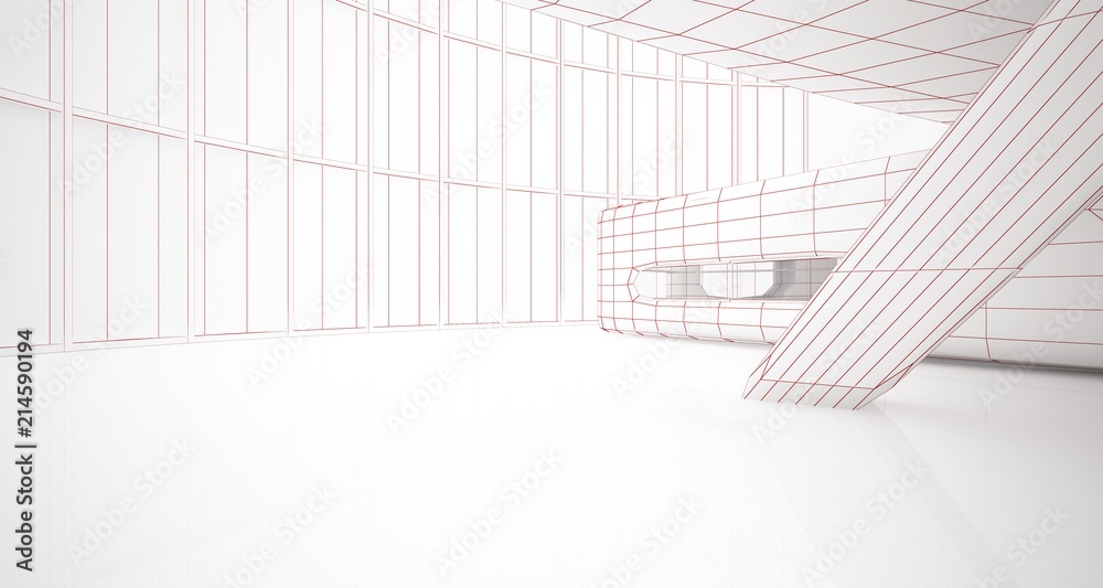 Abstract drawing white interior multilevel public space with window. 3D illustration and rendering. Abstract drawing white interior multilevel public space with window. 3D illustration and rendering.