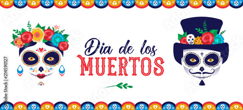 Dia de los muertos, Day of the dead, Mexican holiday, festival. Poster, banner and card with make up of sugar skull, woman and man