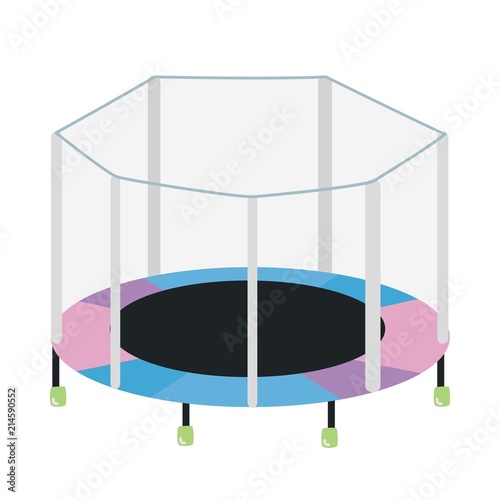 Round trampoline with safety enclosure isolated on white background. Fitness outdoor device for children's entertainment and sports exercises. Colorful vector illustration in flat cartoon style.