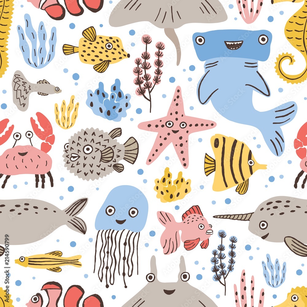 Seamless pattern with cute funny marine animals or underwater creatures on  white background. Backdrop with happy sea and ocean dwellers. Childish flat  cartoon vector illustration for textile print. Stock Vector | Adobe