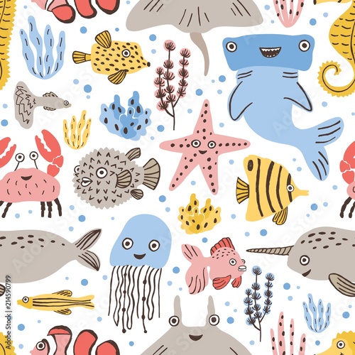 Seamless pattern with cute funny marine animals or underwater creatures on white background. Backdrop with happy sea and ocean dwellers. Childish flat cartoon vector illustration for textile print.