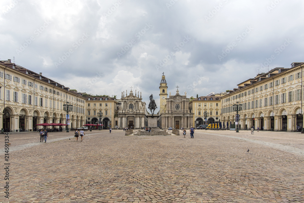 Turin, Italy -June 12, 2018 :Piazza San Carlo square and twin churches of Santa Cristina and San Carlo Borromeo in the Old Town center of Turin, Italy. Turin, San Carlo square, Italy