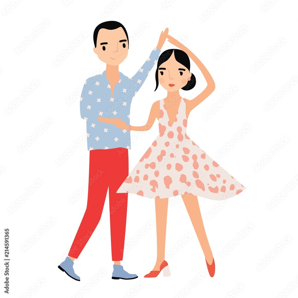 Cute romantic couple dancing together. Pair of male and female dancers dressed in elegant clothes at party. Cartoon characters isolated on white background. Flat colorful vector illustration. Cute romantic couple dancing together. Pair of male and female dancers dressed in elegant clothes at party. Cartoon characters isolated on white background. Flat colorful vector illustration.