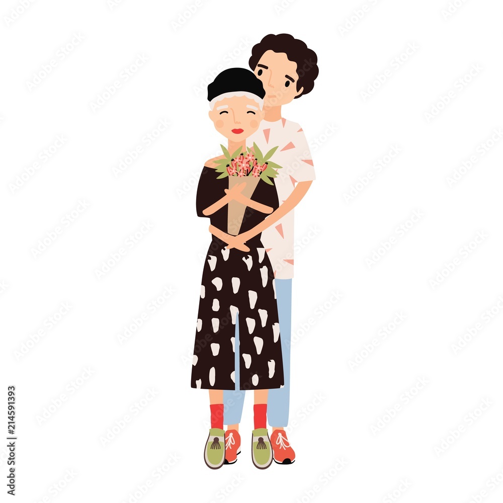 Boy hugging girl holding bouquet. Cute romantic couple cuddling on date. Young man and woman in love. Happy cartoon characters isolated on white background. Flat colorful vector illustration. Boy hugging girl holding bouquet. Cute romantic couple cuddling on date. Young man and woman in love. Happy cartoon characters isolated on white background. Flat colorful vector illustration.