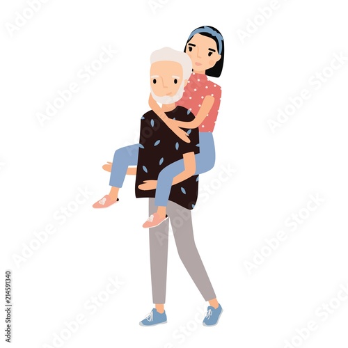 Adorable romantic couple having fun together. Old bearded man giving young woman piggyback ride. Cute happy cartoon characters isolated on white background. Flat colorful vector illustration.