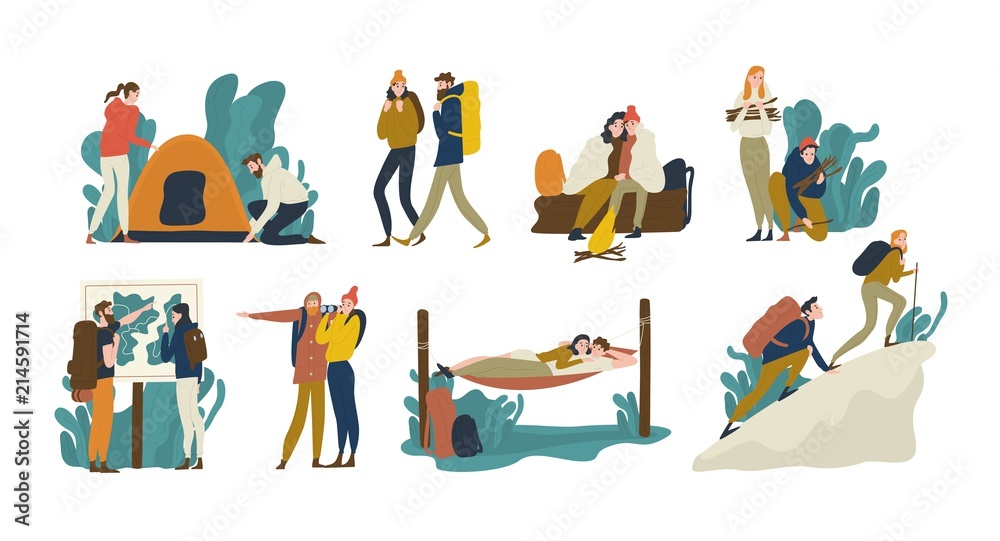 Collection of young romantic couples during hiking adventure travel or camping trip. Men and women pitching tent, lying in hammock, climbing mountain, backpacking. Flat colorful vector illustration. - obrazy, fototapety, plakaty 