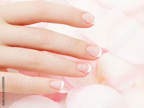 Manicure, Hands spa Beautiful woman hands, soft skin, beautiful nails with pink rose flowers petals. Healthy Woman hands. Beauty salon. Beauty treatment. Female nails with beautiful french manicure