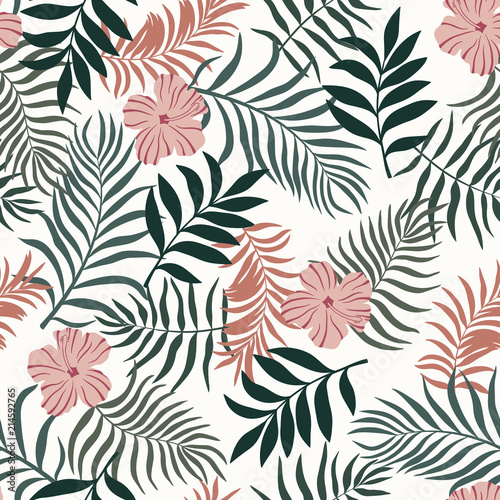 Tropical background with palm leaves and flowers. Seamless floral pattern. Summer vector illustration