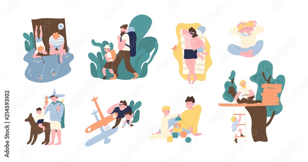 Set of adorable pair of father and son spending time together - playing, fishing, hiking, sunbathing, building tree house, launching toy airplane. Happy fatherhood. Flat cartoon vector illustration. Set of adorable pair of father and son spending time together - playing, fishing, hiking, sunbathing, building tree house, launching toy airplane. Happy fatherhood. Flat cartoon vector illustration.