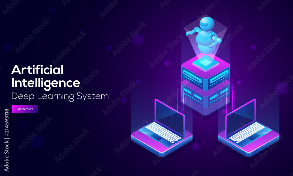 Artificial Intelligence (AI) landing design with 3D illustration of a robot on server, connected with laptop for data and technology concept.