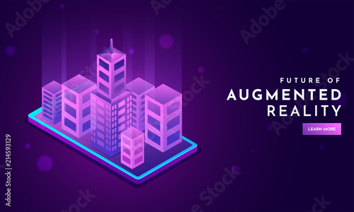 Augmented Reality (AR) concept based web template design with isometric illustration of car on smartphone screen.