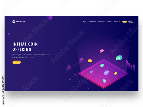 Initial Coin Offering (ICO) landing page design with illustration of multiple cryptocurrencies between emerging digital rays with infographic elements.