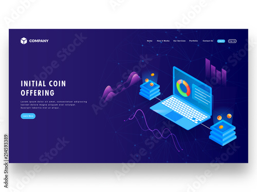 Isometric illustration of laptop connected with crypto servers for Initial Coin Offering (ICO) concept based landing page design.