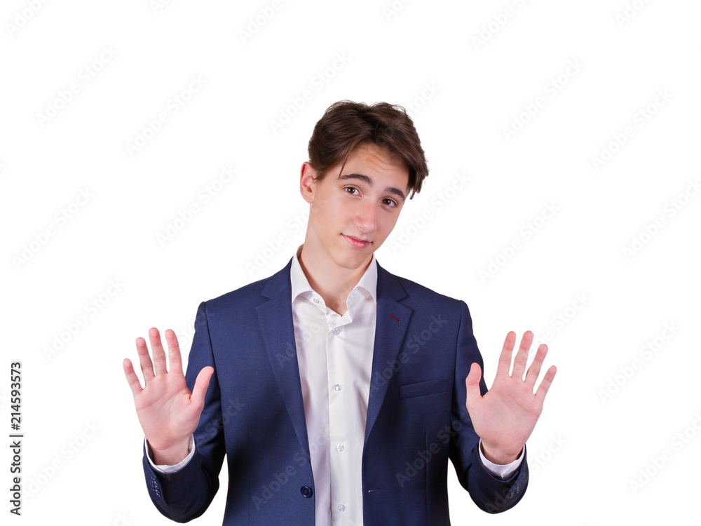 Studio portrait of teenage college student in suit. Portrait of elegant young man in suit, isolated on white background Studio portrait of teenage college student in suit. Portrait of elegant young man in suit, isolated on white background