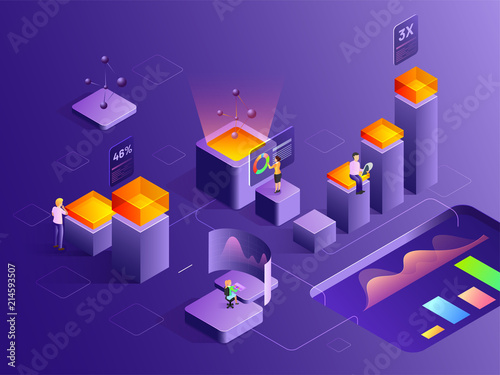 Data Analysis concept based isometric design with illustration of analysts alnalysis the data with the help of pie or bar graph for company growth or success.
