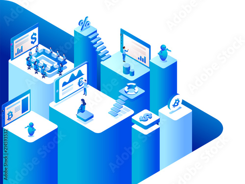 Virtual to real money exchange platform with 3d illustration of working people or executive process the data.