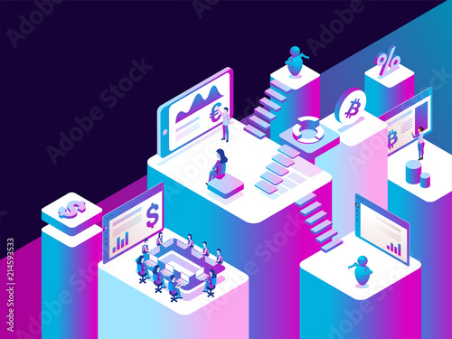 Virtual to real money exchange platform with 3d illustration of working people or executive process the data, isometric design for web template.