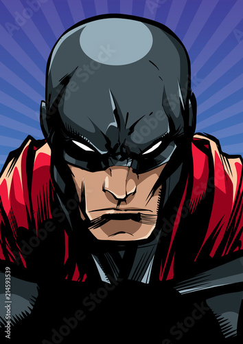 Comics style llustration of the portrait of a powerful superhero looking at camera with a tough facial expression.