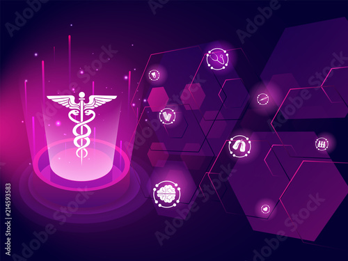Human body structure between digital emerging rays on blue sci-fi background for Medical biotechnology innovation concept.