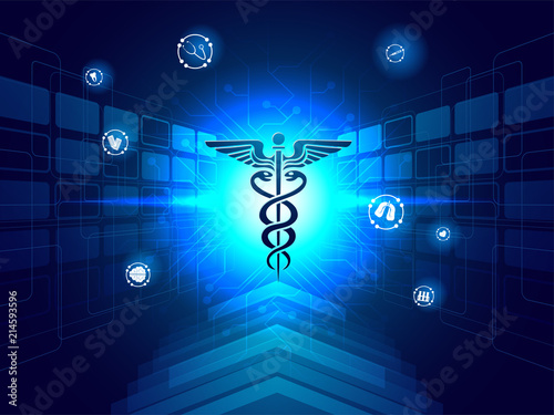 Medical biotechnology innovation concept, illustration of caduceus symbol for medical services app on shiny blue sci-fi background.