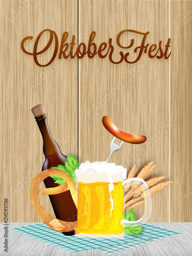 Oktoberfest poster or banner design, beer mug, bottle, sausage, fork, pretzel, hops and wheat grain and napkin on wooden texture background.