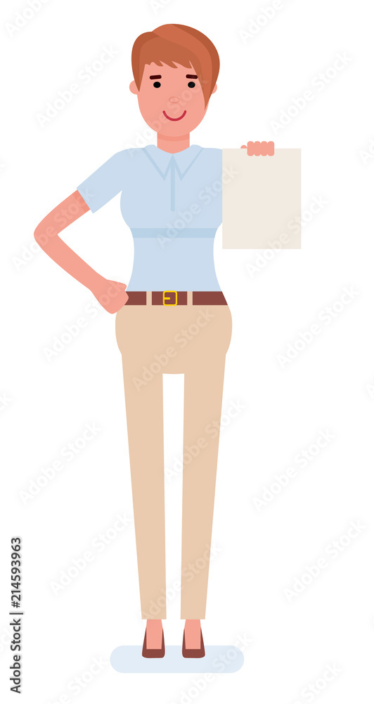 Young businesswoman points to a sheet of paper on white background cartoon vector flat illustration