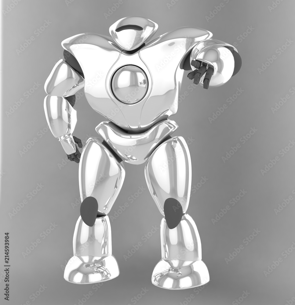 3D rendering of futuristic robot points with a finger, presses the button, isolate on white 3D rendering of futuristic robot points with a finger, presses the button, isolate on white