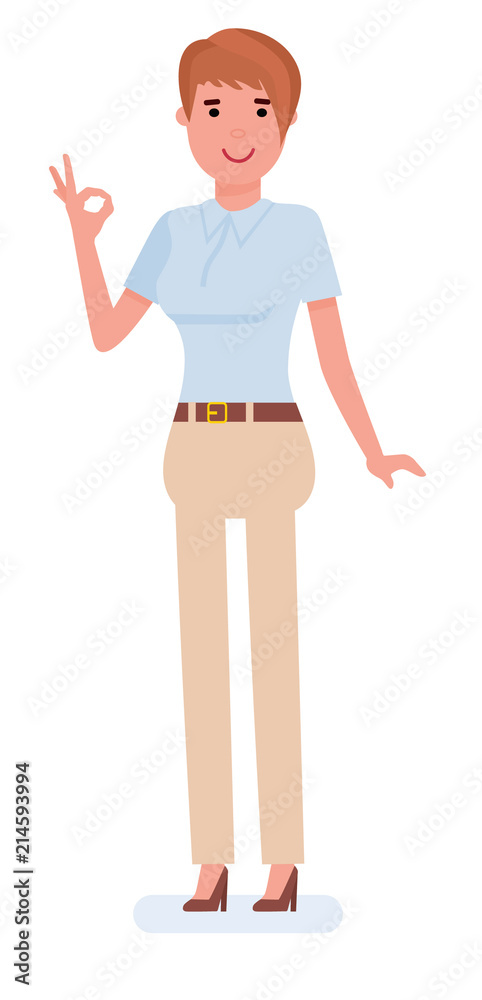 Young business woman show OK sign isolated on white background cartoon flat vector illustration Young business woman show OK sign isolated on white background cartoon flat vector illustration