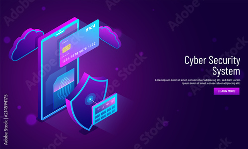 Cyber Security System concept, isometric illustration of smartphone with security shield and access window. Responsive landing page design.
