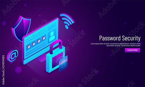 Password Security concept, responsive hero image design with  isometric view of login window with lock and security shield.