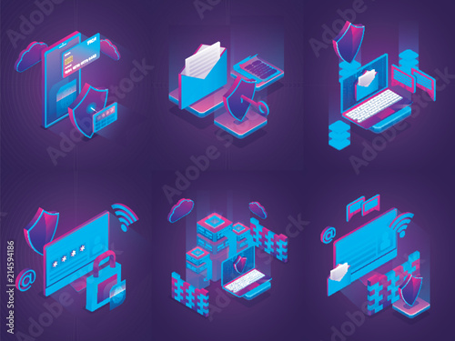 Isometric illustration of Cyber Security elements for data and technology concept.