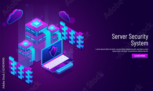 Server Security System concept based landing page design with isometric illustration of servers and laptop under security region.