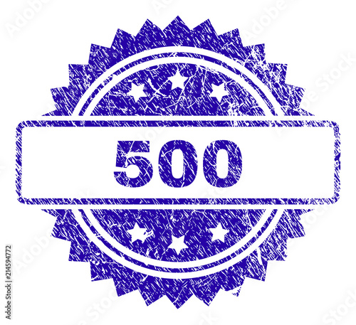 500 stamp watermark with scratched style. Blue vector rubber seal print of 500 text with scratched texture.