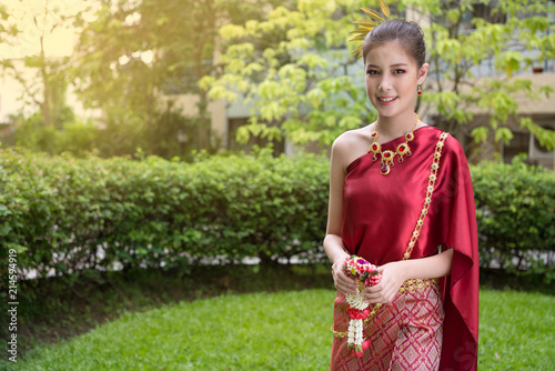 Asian girl wearing thai traditional dress.
