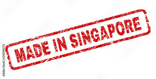 MADE IN SINGAPORE stamp seal print with distress style. Red vector rubber print of MADE IN SINGAPORE tag with dust texture. Text tag is placed inside rounded rectangle frame.