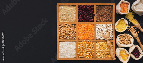 Cereals and legumes assortment in wooden box
